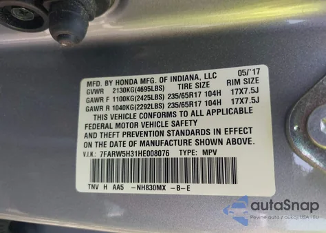 2017 Honda Cr-V Lx из США, поврежденный, VIN 7FARW5H31HE008076